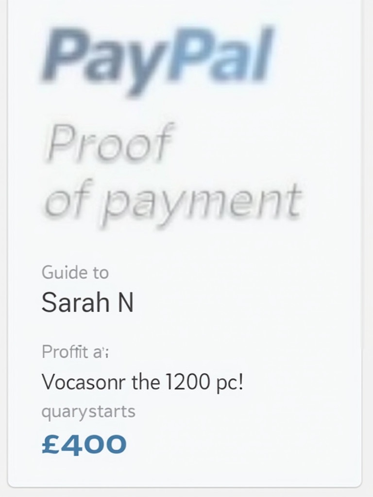 Image of a proof of payment document from PayPal showing a transaction total of £400 to Sarah N. Clear layout with bold text on a simplified background.