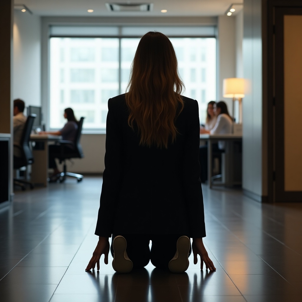 The image shows a woman dressed in a suit, kneeling on her hands and knees. She is positioned in an office environment, with large windows letting in soft natural light. The view is from behind her, focusing on her silhouette. In the background, there are colleagues working at desks, creating a busy workplace atmosphere. This scene evokes themes of professional struggle or introspection in a corporate setting.