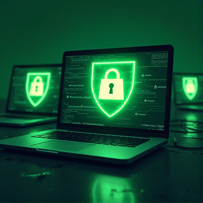 A glowing lock symbol on laptop screens signifies digital security.