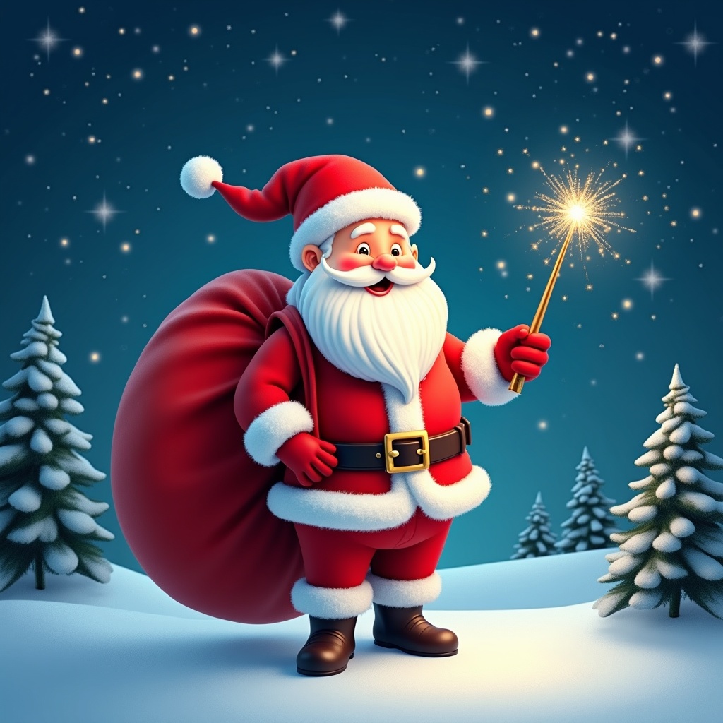 The image features a cheerful Santa Claus in a snowy landscape. He is holding a sparkly wand and has a large red sack slung over his shoulder. Dressed in his traditional red and white outfit, he embodies the festive spirit. Behind him, the night sky is filled with twinkling stars. Pine trees surround him, adding to the wintery atmosphere.