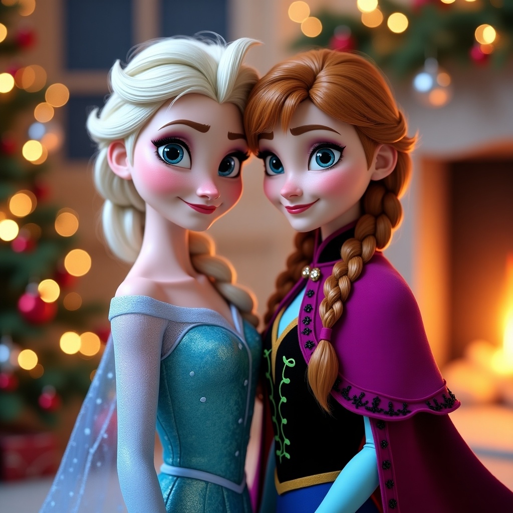 Frozen characters celebrating Christmas near a decorated tree and fireplace in a cozy setting.