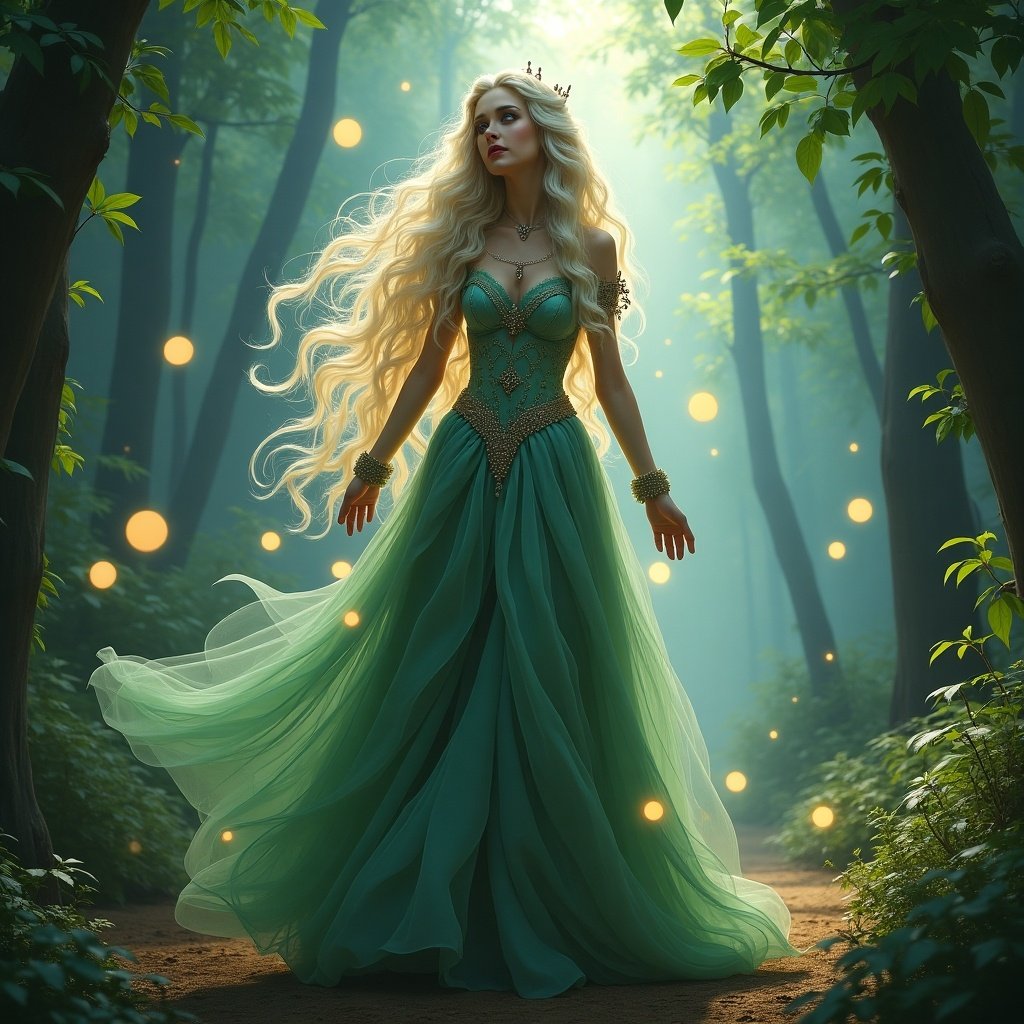 The image portrays a stunning ethereal woman standing in a dreamy forest. She wears a flowing green gown that billows softly around her as she is surrounded by glowing orbs. Her long, luxurious hair cascades over her shoulders, and she dons a delicate crown. The sunlight streams through the trees, casting a magical ambiance. This enchanting character seems like a fantasy queen, embodying elegance and grace. The lush greenery and soft light add to the surreal quality of the scene.