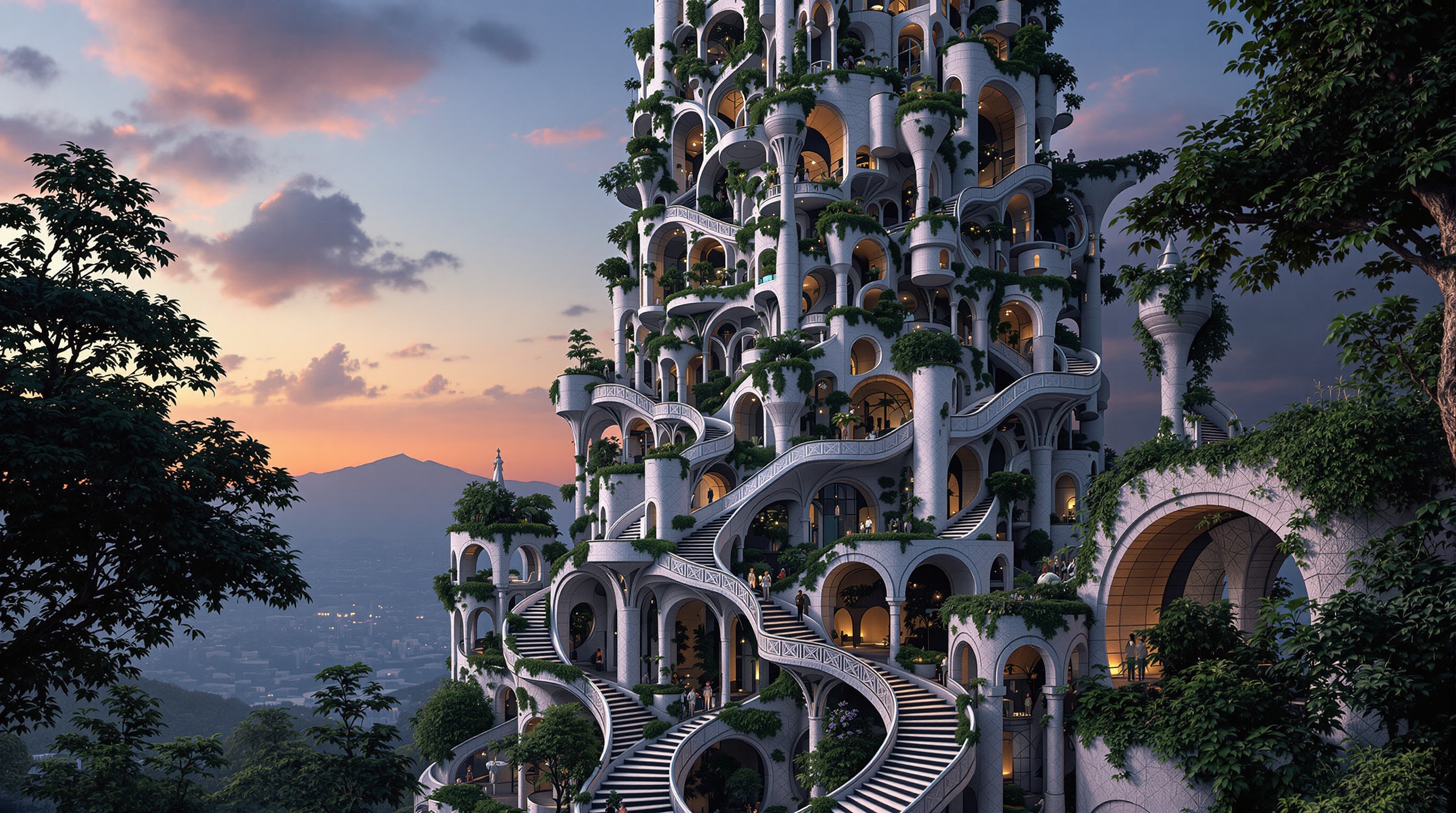 A futuristic tower inspired by M.C. Escher. It is highly detailed and hyperrealistic. The structure is adorned with an abundance of plants. The mood is surreal with a dramatic lighting effect.