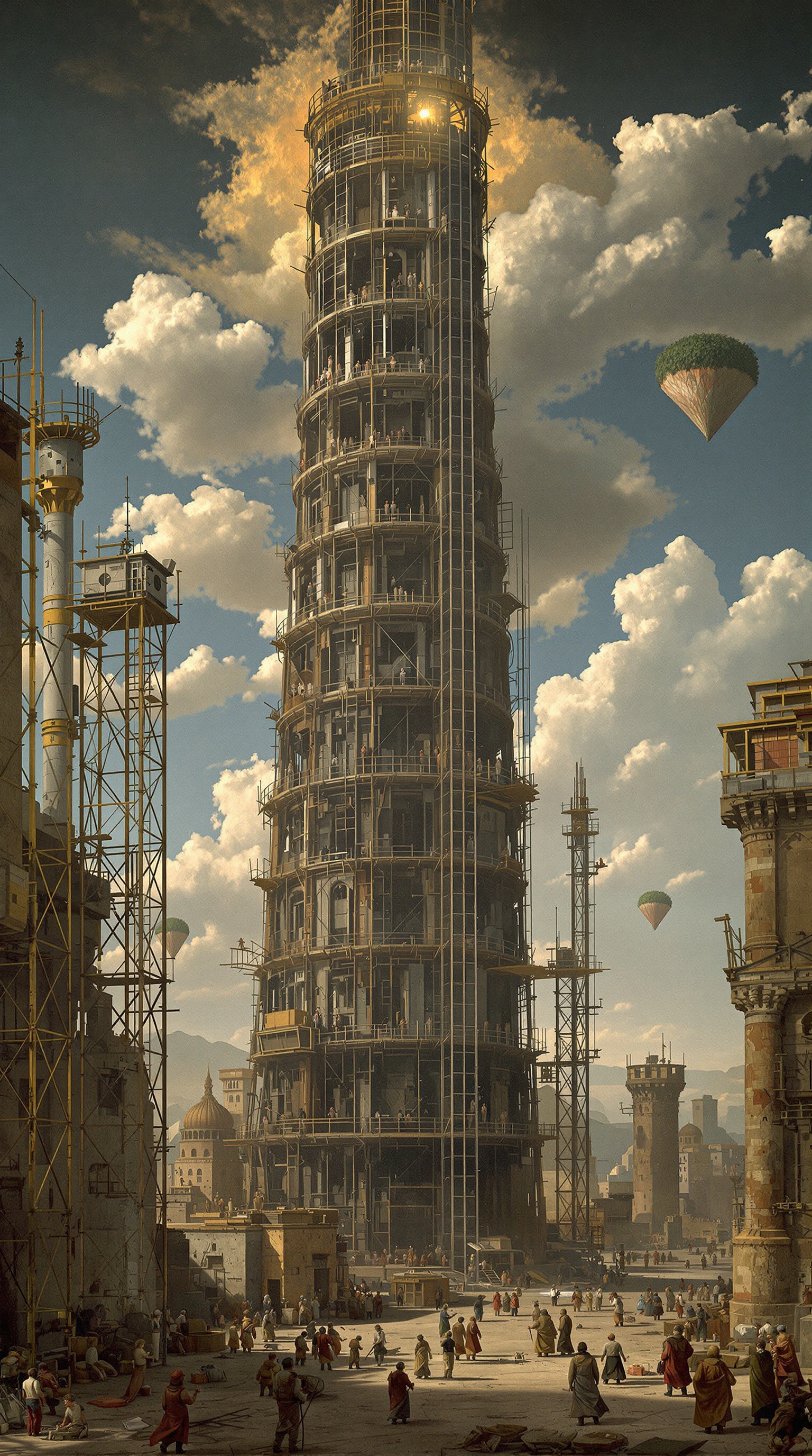 Depict a surreal scene inspired by the Tower of Babel. Include a massive tower under construction, surrounded by a busy crowd and floating islands in the sky. Emphasize hyperrealistic details and surreal aspects of the environment.