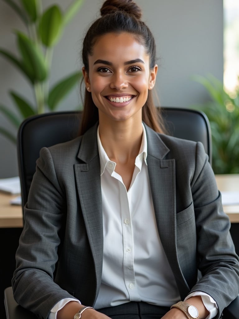 A professional businessperson is sitting comfortably in an office chair. The individual displays a warm smile and a confident demeanor. The background has a neatly organized desk and several plants. The overall atmosphere symbolizes professionalism and modern business values.