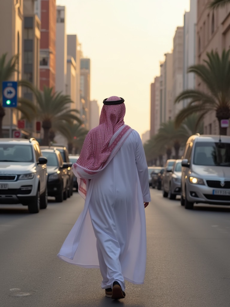 A Qatari man walks down a street in Doha. The scene captures the culture and urban environment. The man is dressed in traditional attire. The view is from behind, showcasing the cityscape.