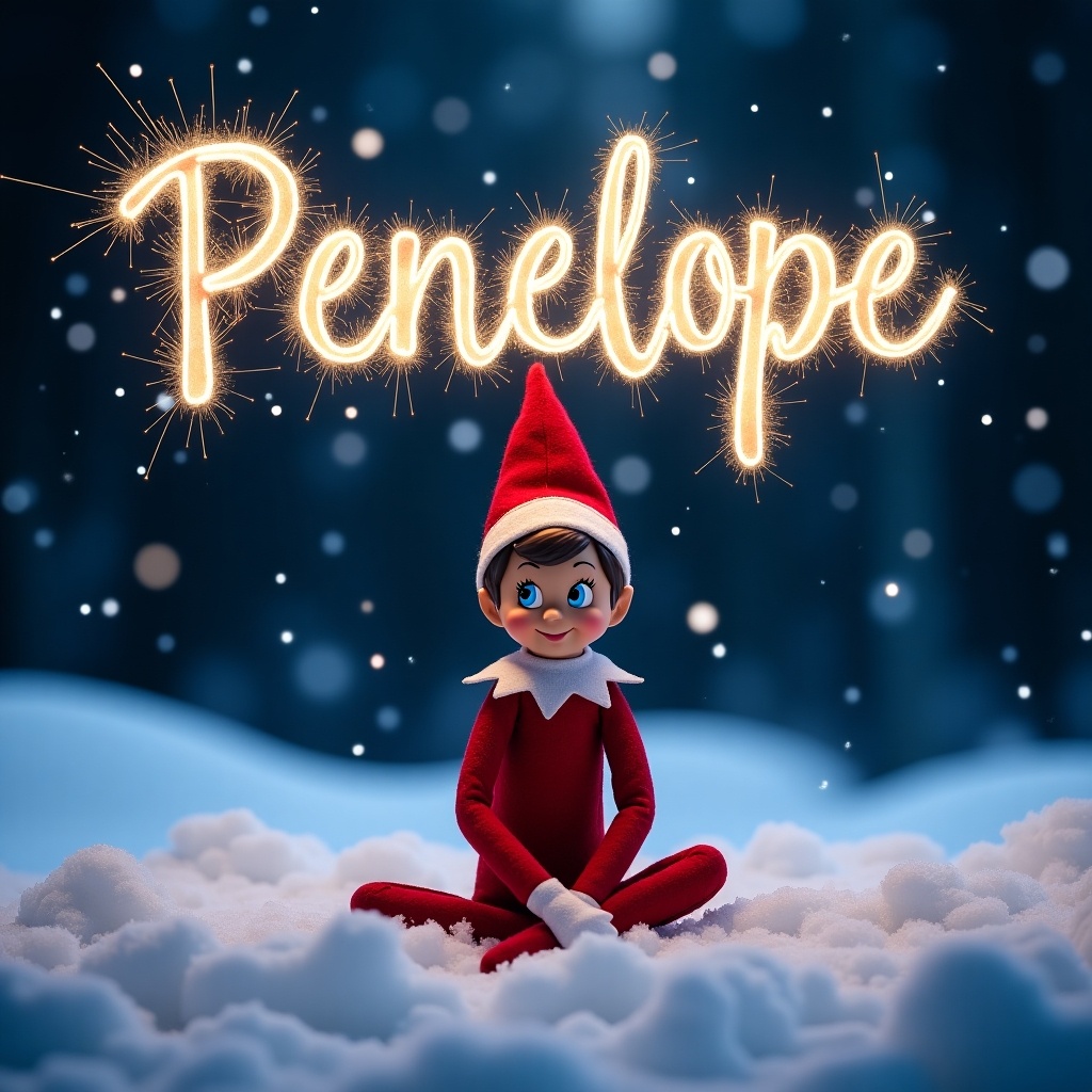 Magical night scene shows Elf on the Shelf named Penelope. Snowy ground covered in soft white blanket. Above the elf, the name 'Penelope' glows from sparklers. Dark background enhances glow. Elf has cheerful expression. Sitting playfully in snow. Enchanting holiday image for Christmas spirit.