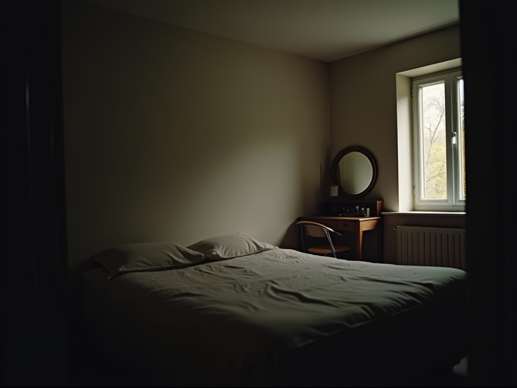 This image depicts a dimly lit bedroom, creating a serene and cozy atmosphere. The bed is neatly made, inviting relaxation. A window is partially open, allowing soft light to filter in and illuminate the space gently. In front of the bed, there's a makeup table with a mirror, contributing to the room's calmness. The colors are soft and muted, enhancing the tranquil feel of the space. Overall, this setting embodies comfort and simplicity in bedroom design.