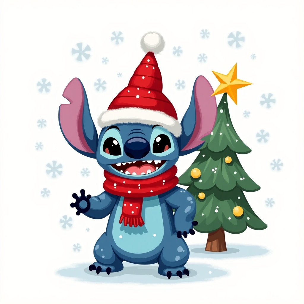 Drawing features a cheerful Stitch character. The character wears a red festive Christmas hat and a matching scarf. A Christmas tree stands nearby with a golden star on top. Snowflakes are lightly scattered around the character.