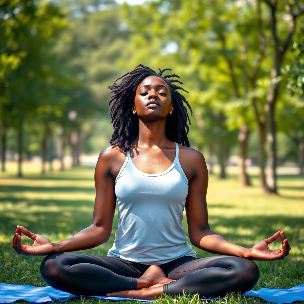 A woman practicing yoga in a sunny park, exuding calmness and focus.