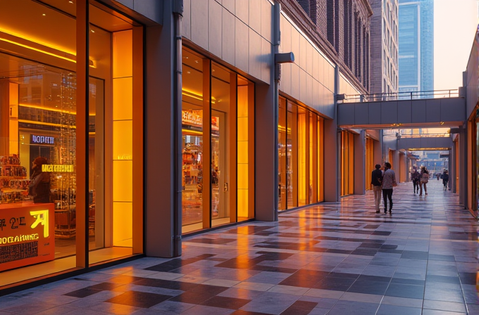 A modern shopping area with glowing orange-lit windows and a tiled walkway, reflecting a warm ambiance as people walk by in the evening.