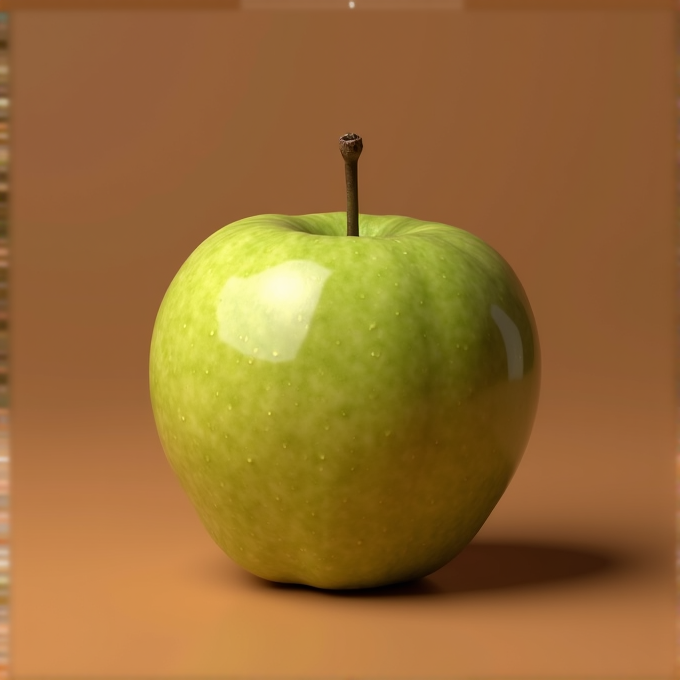 A shiny green apple with a small stem rests on a simple brown background.