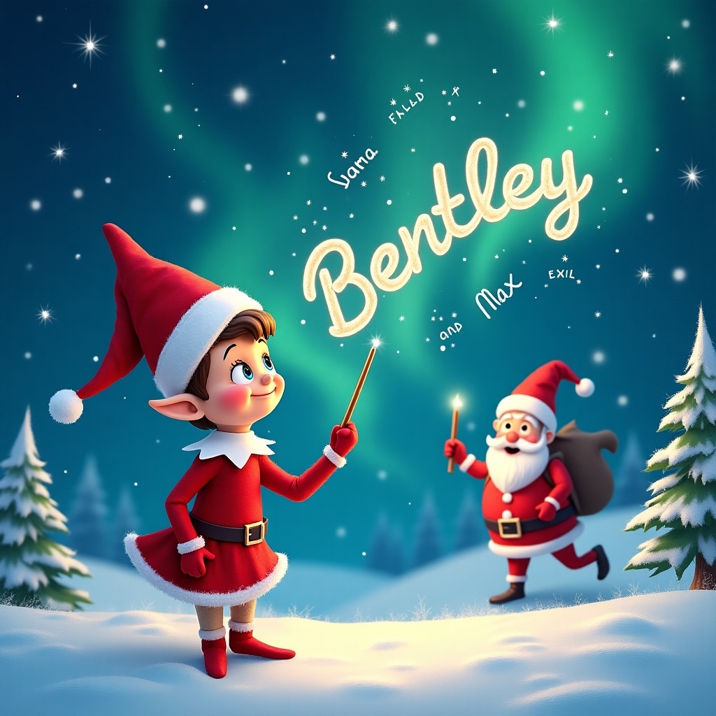 Elf on the shelf faces the magical sky. Uses a wand to write Bentley. Background features northern lights and Santa. Writes names Natasha and Max in the air. Wintery festive scene with snow.