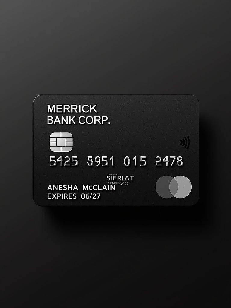 Black background showing realistic virtual MasterCard. Silver letters display Merrick Bank Corp with name Anesha McClain. Card number 5425 3951 0115 2478. Expiration shown as 06/27.