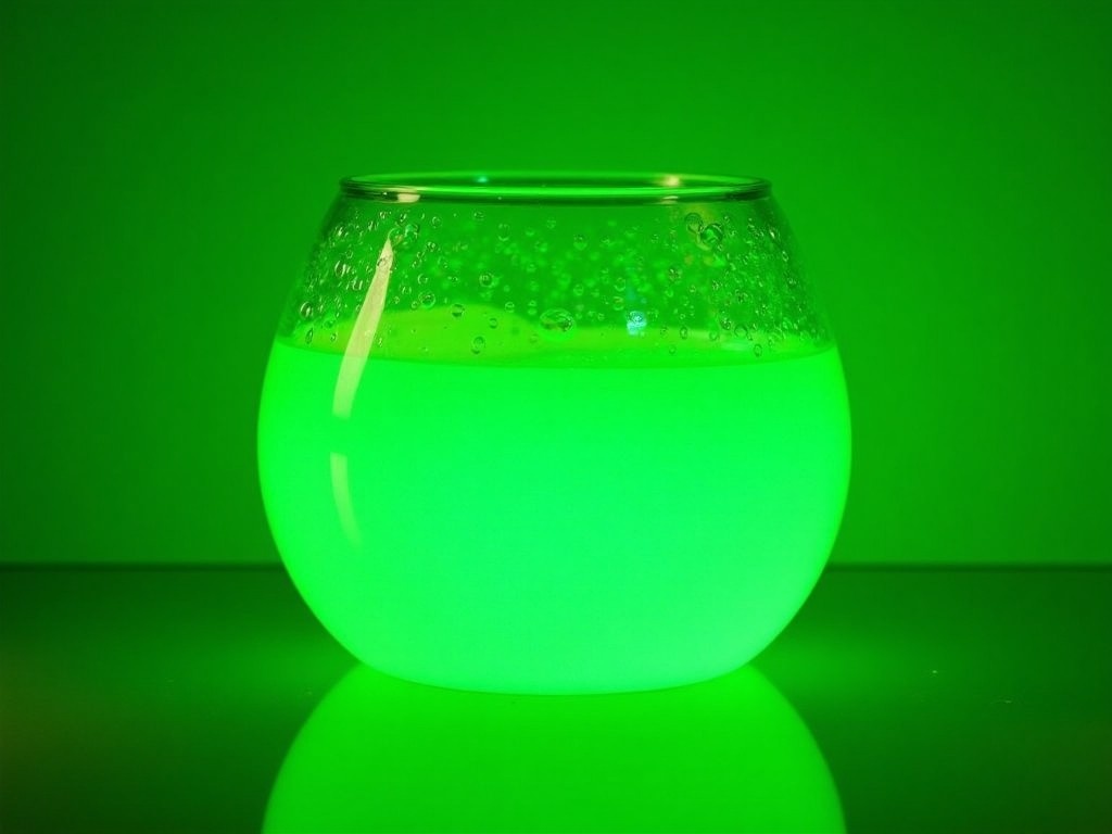 This image features a glowing green liquid filled with bubbles inside a clear glass bowl. The bowl is placed against a matching green background, which enhances the overall color theme. The liquid emits a soft glow, creating a surreal and vibrant atmosphere. Bubbles rise to the surface, adding texture and visual interest. The entire setup evokes a sense of intrigue and uniqueness, making it stand out visually.