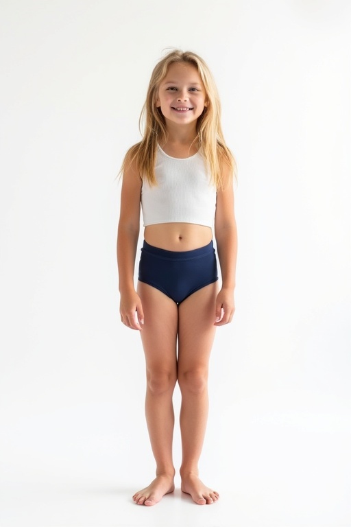 A ten-year-old beautiful Caucasian girl stands in front of a white background. She wears a fitted white crop top and navy blue lycra shorts. Her hair is long and blonde. She has skinny legs and poses confidently. Minimal distractions in the background emphasize her appearance.