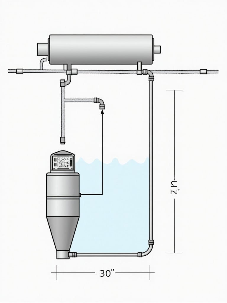 Water pipe connection diagram. Illustration shows water flowing from lower tank to upper tank. Includes motor for pumping. Detailed view of connected pipes and fittings. Layout of components with dimensions.