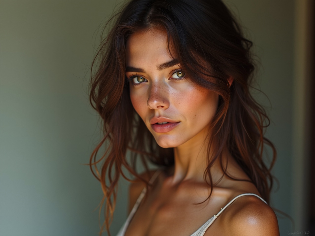 This image features a close-up portrait of a young woman with long, wavy brown hair cascading around her face. Her clear skin and striking eyes are captured in soft, natural lighting that enhances her features. The neutral background provides a clean and simple backdrop, allowing her serene expression to be the focal point.