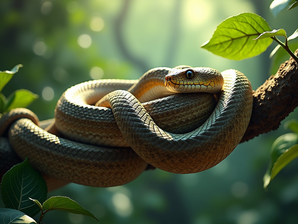 The image captures a beautifully coiled snake resting on a branch, surrounded by lush greenery. The soft sunlight filters through the leaves, creating a stunning backdrop. The snake has vibrant patterns that reflect its natural habitat. The overall scene evokes a serene and peaceful atmosphere. Perfect for nature enthusiasts and wildlife lovers, this image highlights the beauty and elegance of these fascinating creatures.