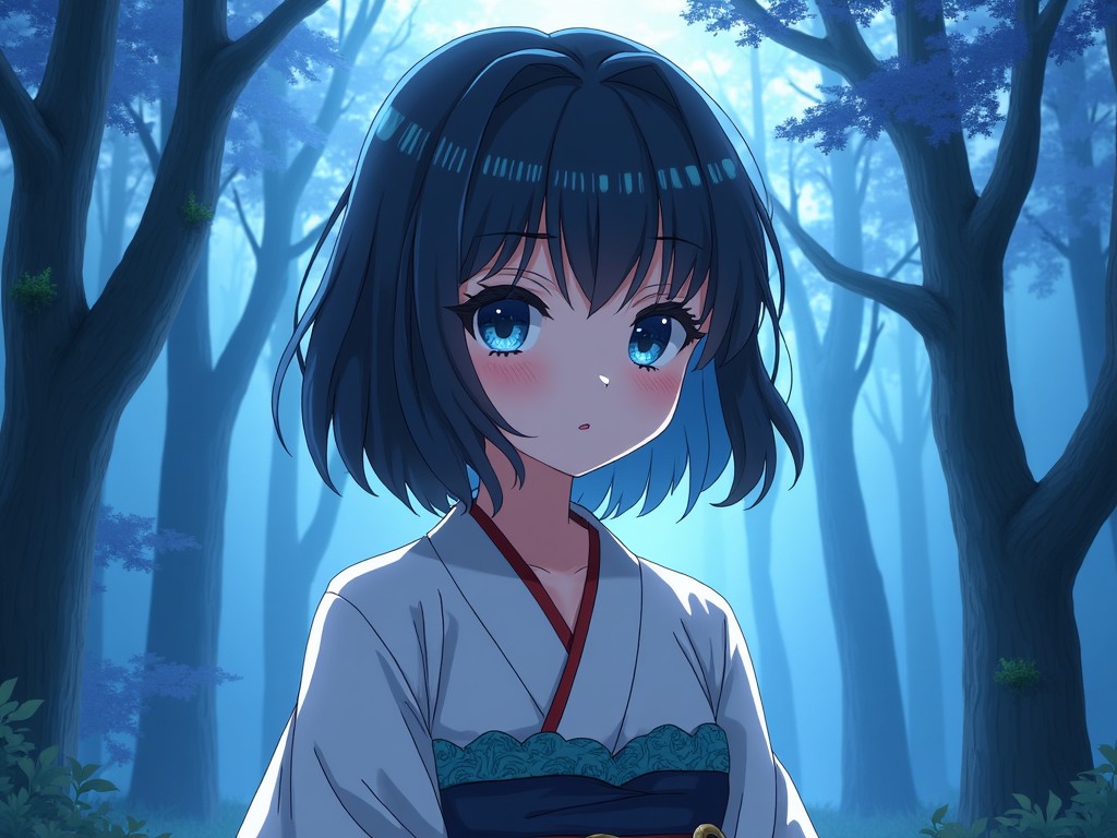 The image features an anime girl in a yukata standing in a mystical forest. Her short blue hair and large expressive eyes capture the viewer's attention. The background is filled with tall trees shrouded in a gentle blue mist. The lighting is soft, creating an ethereal atmosphere. The character has a thoughtful expression, evoking curiosity and wonder.