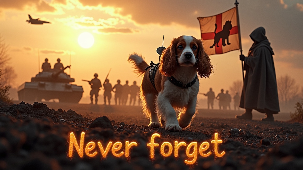 In a dramatic and awe-inspiring scene, a fluffy brown and white cavalier king charles spaniel walks across a dark, desolate battlefield. There is a radar dish strapped to its back. Nearby, a figure wearing a cloak stands valiantly holding a flag with a dog emblem. In the background are a multitude of small soldiers holding rifles as well as tanks, barely visible among the shadows. The sky is lit by the bright radiance of the sun. A jet fighter passes overhead. At the bottom, we see the text 'Never forget' boldly displayed, in fiery writing.