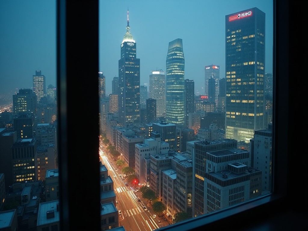 The image showcases a stunning view of a modern city skyline during the evening. Buildings rise elegantly into the dusk sky, showcasing a mix of architectural styles. The streets below are lined with trees, and headlights suggest the hustle of city life. A soft blue tint casts a serene atmosphere over the scene. The overarching ambiance reflects a vibrant urban setting, ideal for capturing the essence of city living.