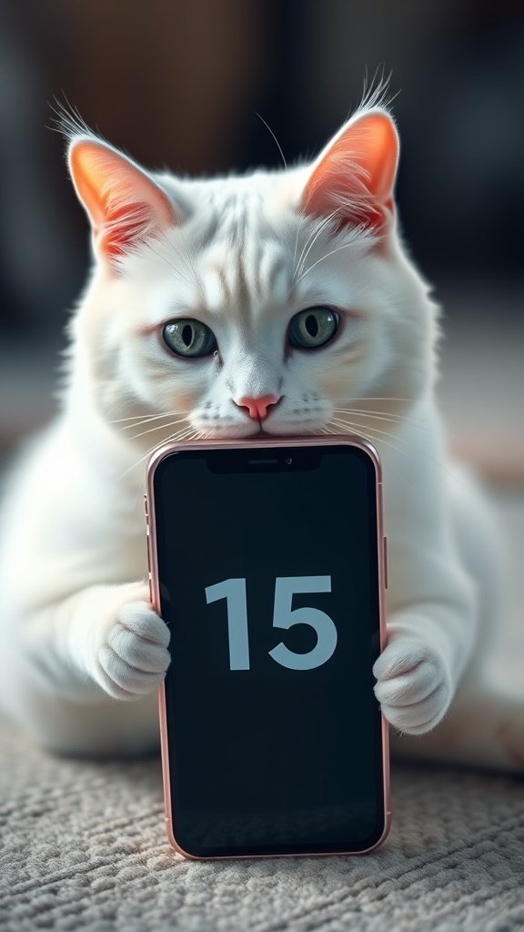 A fluffy white cat playfully holds a smartphone displaying the number 15.