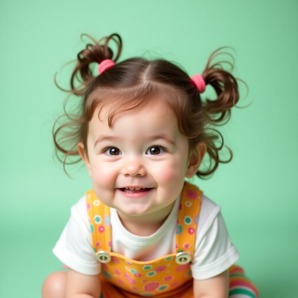 Image of a cute child with brown ponytail hair wearing a diaper on a mint green background. The focus is on the playful and carefree essence of childhood with visible branding on the diaper.