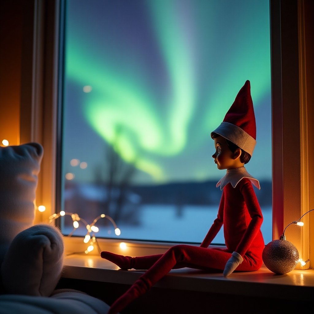 Elf figure sitting in a window. Northern lights visible outside. Cozy festive setting with fairy lights.