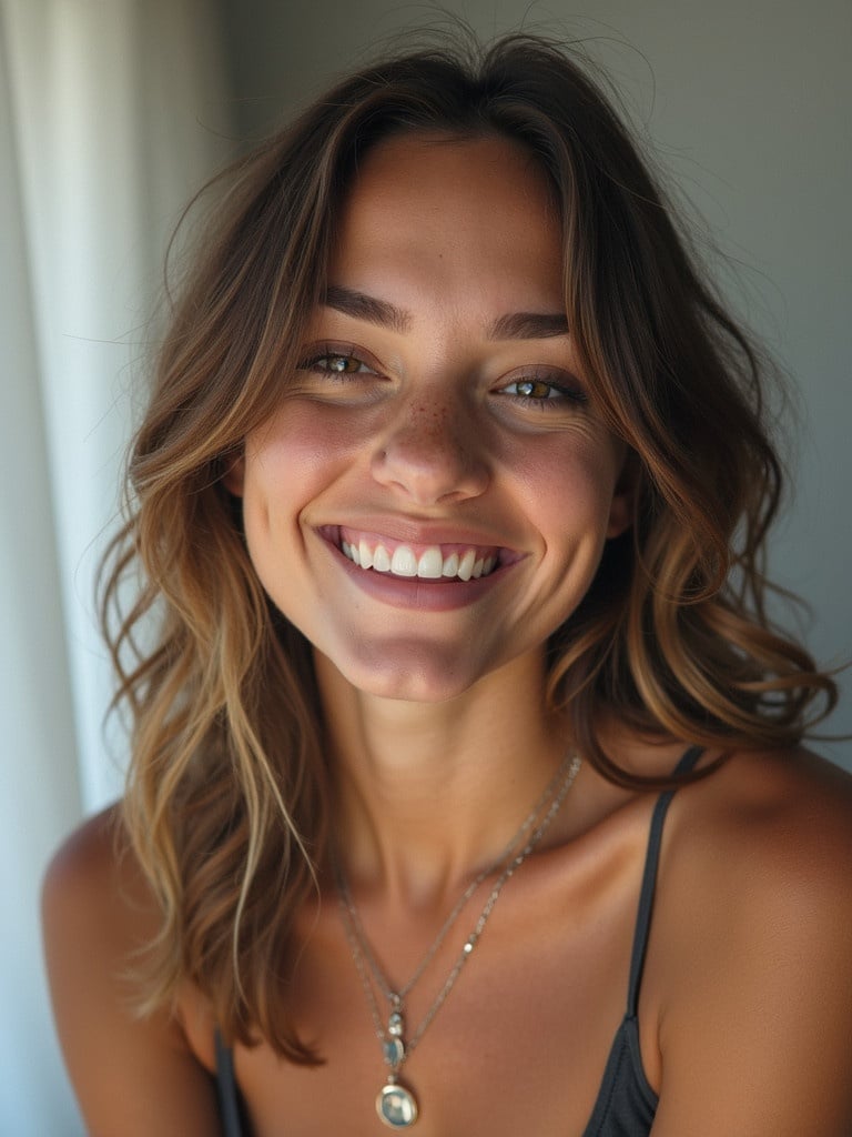 Portrait of a woman with wavy hair and a necklace. The background is neutral, and the lighting is soft. Focus on hair and neckline.