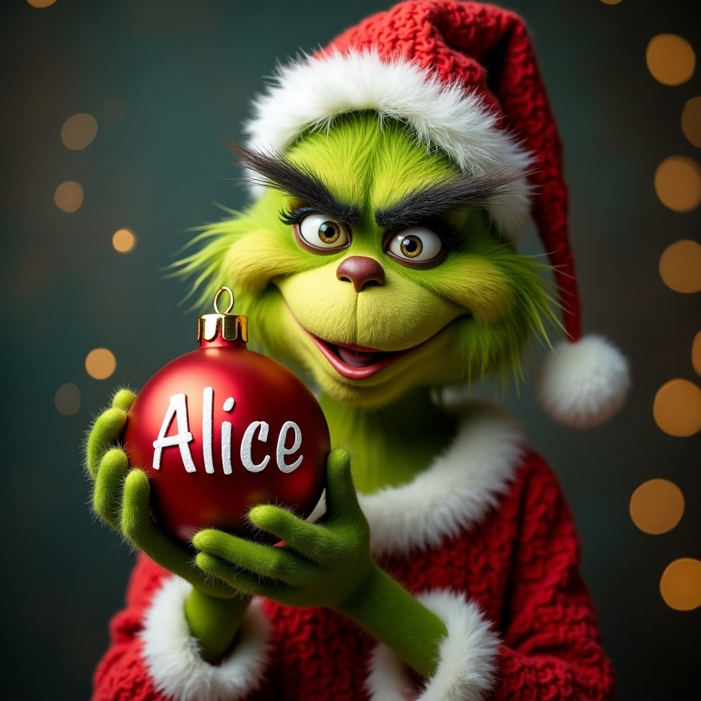 Grinch in festive attire holding a Christmas bauble with the name Alice. Soft Christmas background enhances the holiday spirit.