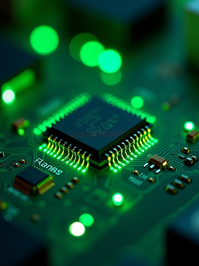 A microchip is placed on a green electronic circuit board. The microchip has glowing green lights surrounding it.