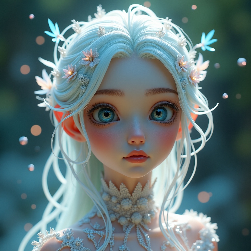 Full body small fairy made of silvery light surrounded by magical particles. Background features soft bokeh with pollen specs. Character has a highly detailed, beautiful face with glossy lips and intricate flora decorations. Rendered with smooth blending and sharp focus in a fantasy style.