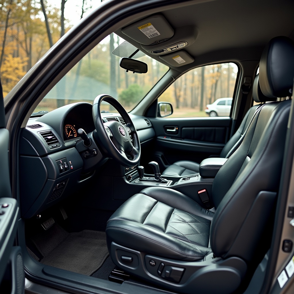 The image showcases the interior of a 2004 Harrier. The seating is upholstered in black leather, offering a luxurious look and feel. The dashboard features modern controls and a clean layout. Natural light filters in, highlighting the spacious cabin. The overall design reflects a blend of functionality and comfort, ideal for a family SUV.