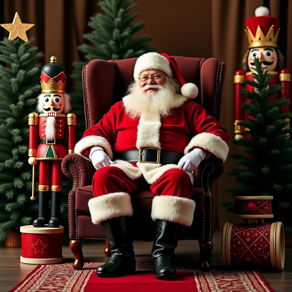 Image features Santa Claus seated on a regal chair. Santa wears traditional red suit, has a white beard and black boots. He shows a jolly expression. Beside him is a nutcracker soldier. Plush Christmas trees in background add to festive ambiance. Red carpet on the floor leads to Santa. Traditional drum decorations are nearby. Overall setting is warm and inviting, perfect for holiday season.