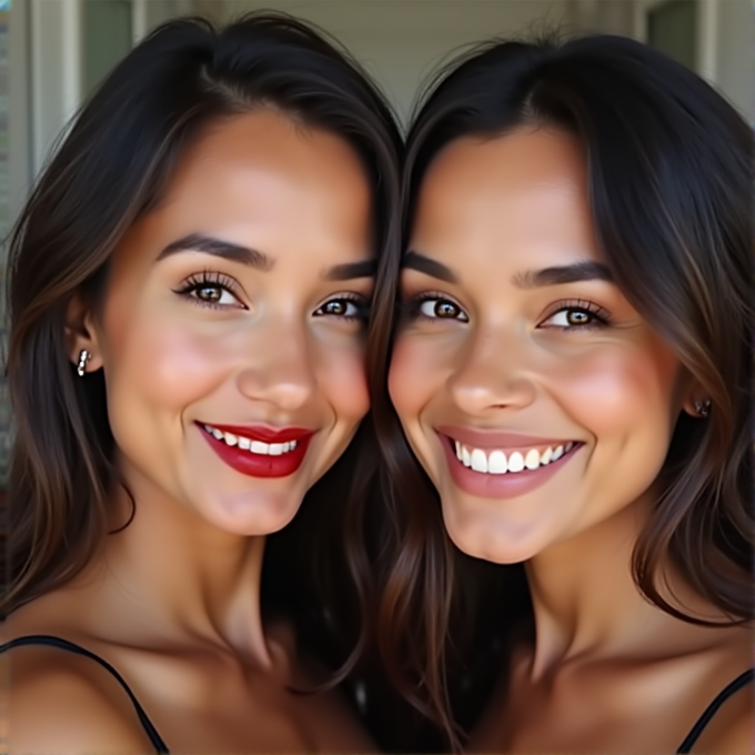 Two women with long brown hair are smiling brightly, wearing black tops and earrings.