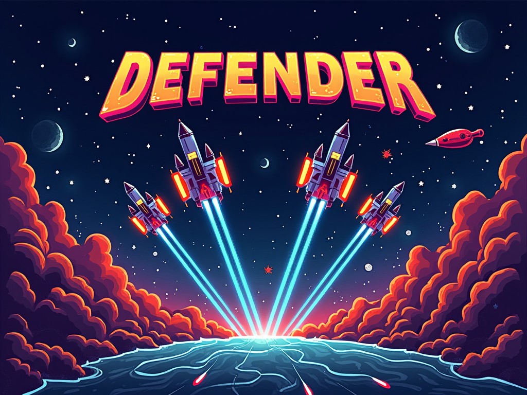 A retro-style poster featuring spaceships, jets of light, and the word 'DEFENDER' in bold letters against a starry space background.