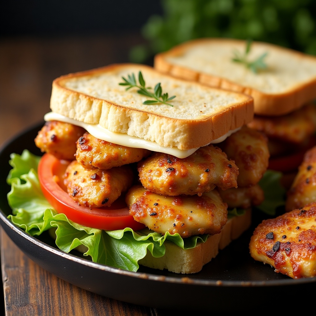 This image features a delicious chicken sandwich made from several pieces of golden-brown, cooked chicken. The sandwich is layered with crispy iceberg lettuce and fresh tomato slices. It's stacked between two slices of toasted white bread, topped with a creamy spread. The colors are vibrant, with the greens and reds contrasting beautifully against the golden chicken. The warm, inviting lighting enhances the appetizing look of the dish. It's an ideal representation of comfort food that's perfect for quick meals or casual dining.