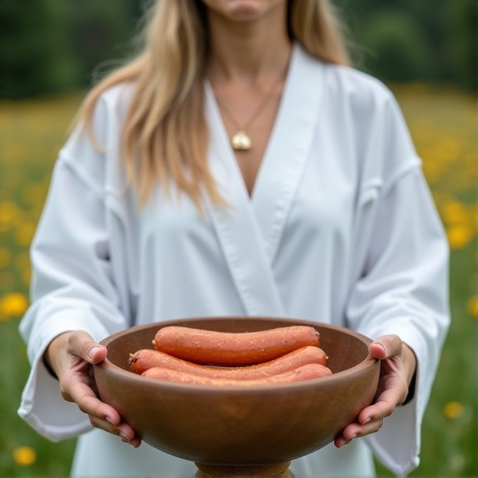 A person in a white robe holds a wooden bowl with carrots in a field.