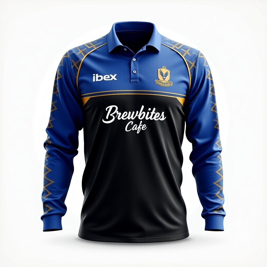 Full-sleeve cricket jersey with a professional sporty aesthetic. Primary colors are royal blue and black with white and gold accents. Small ibex logo on the stomach area. Brewbites Cafe prominently displayed across the chest. Subtle cricket-themed patterns incorporated into the sleeves and shoulders.