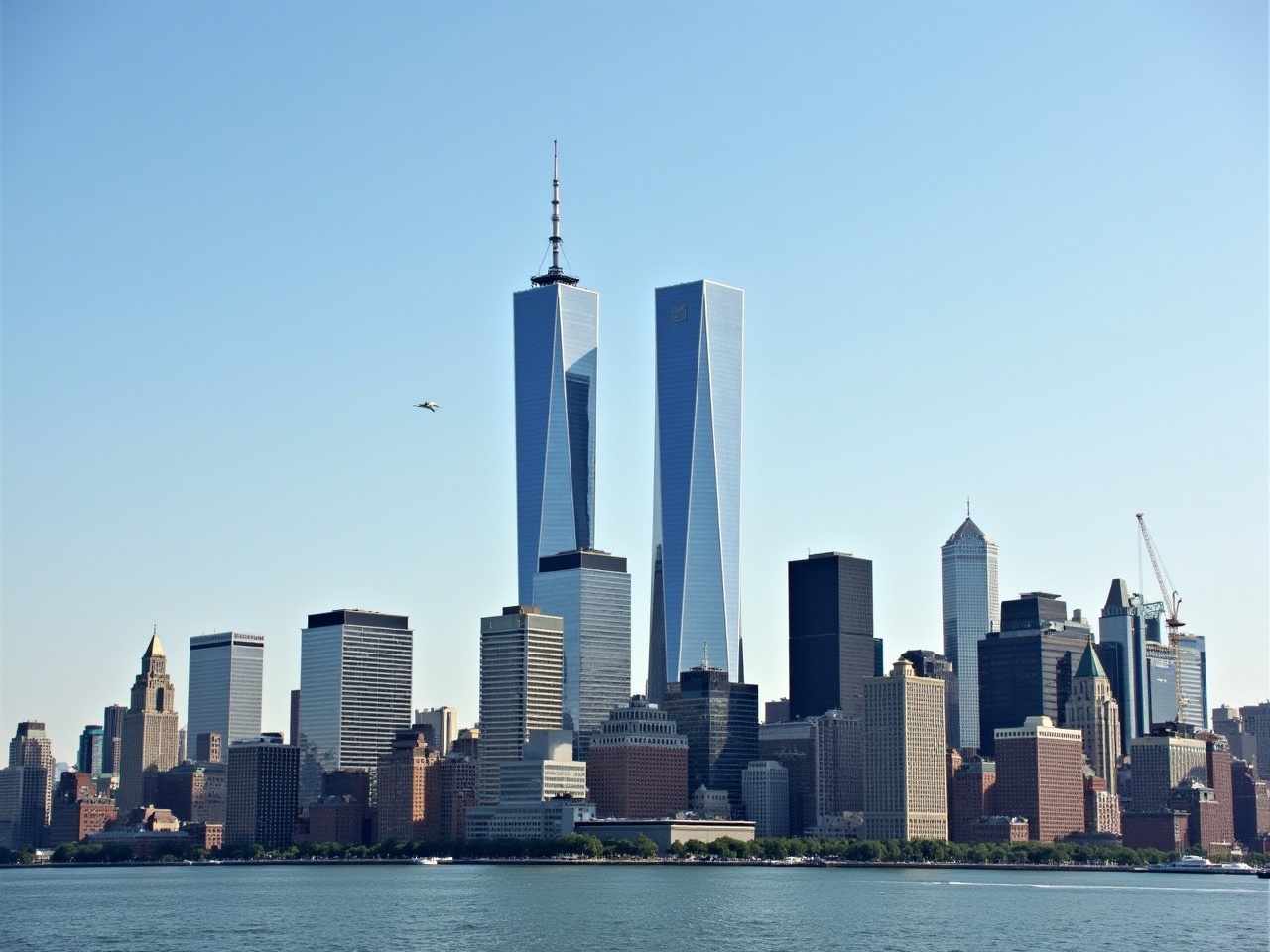 skyline of New York City with prominent skyscrapers, including One World Trade Center, photographed during the daytime with clear skies