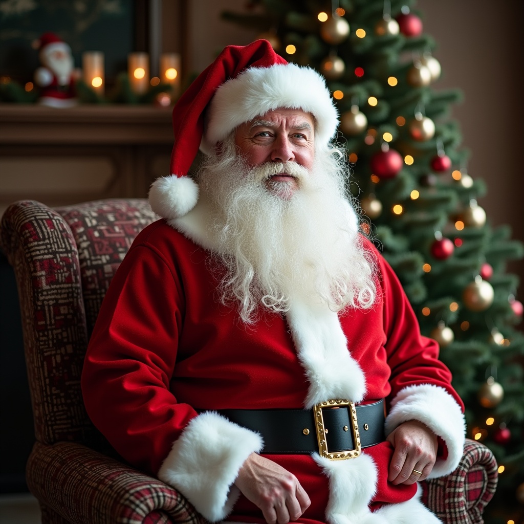 A jolly Santa Claus is sitting comfortably in a traditional chair, dressed in his iconic red suit with white trim and a black belt. His long white beard flows down his chest, exuding warmth and kindness. Surrounding him is a beautifully adorned Christmas tree twinkling with lights, creating a festive atmosphere. The room is filled with holiday decorations, and soft, warm lighting enhances the cozy vibe of the scene. Santa's expression is cheerful, embodying the spirit of giving and joy that characterizes the holiday season.