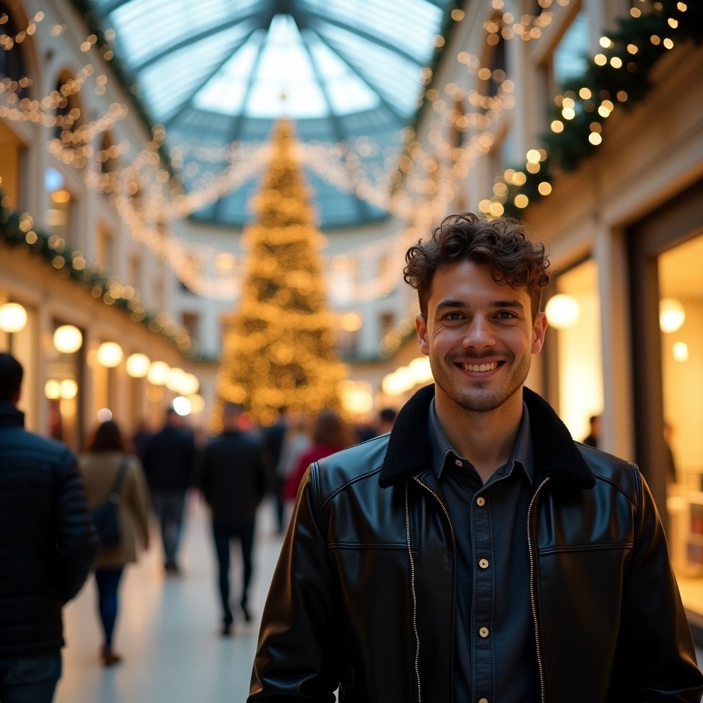 A bustling shopping mall decorated for Christmas. A tall illuminated Christmas tree stands prominently. The area is lively with shoppers and festive ornaments. A tall man in a black leather jacket walks towards the camera looking and smiling. He has short curly brown hair.