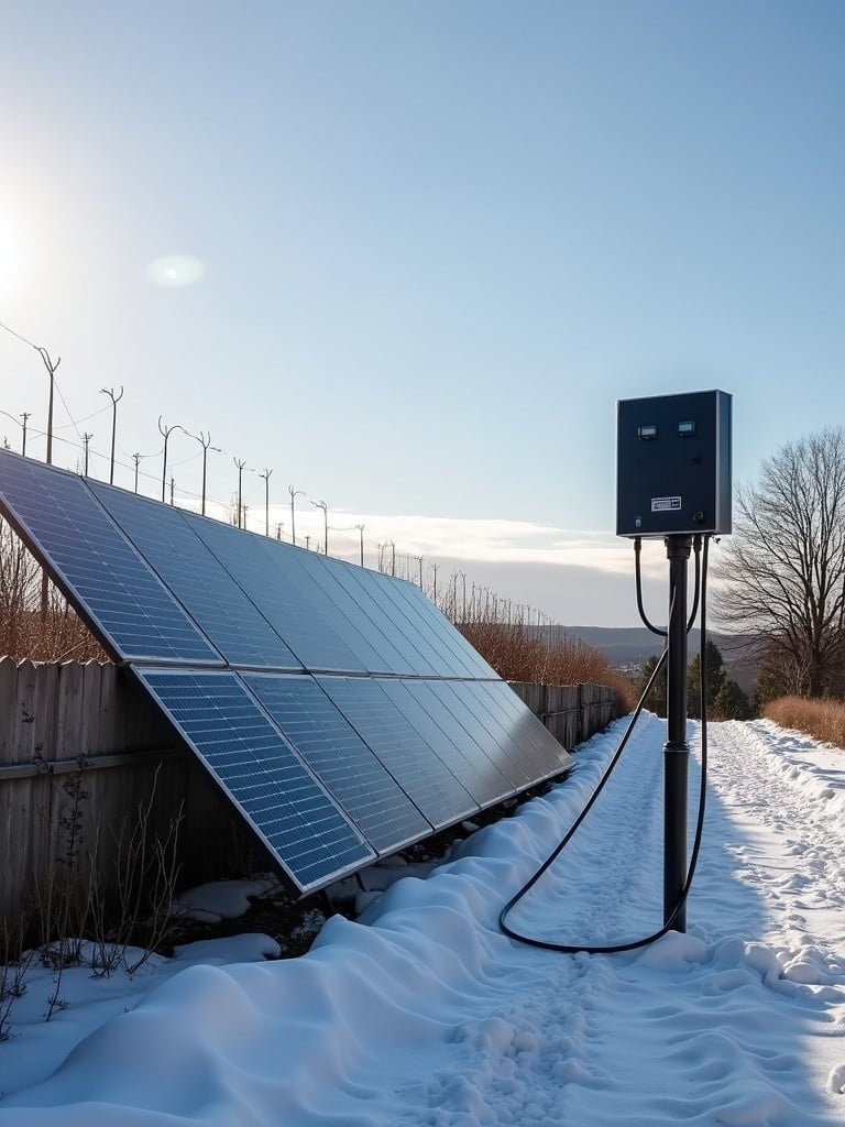 Solar panels are installed in a snowy area with an EV charger. The scene takes place on a winter day in Ireland. Bright sunlight makes the panels shine. The landscape shows snow-covered ground and a clear sky.