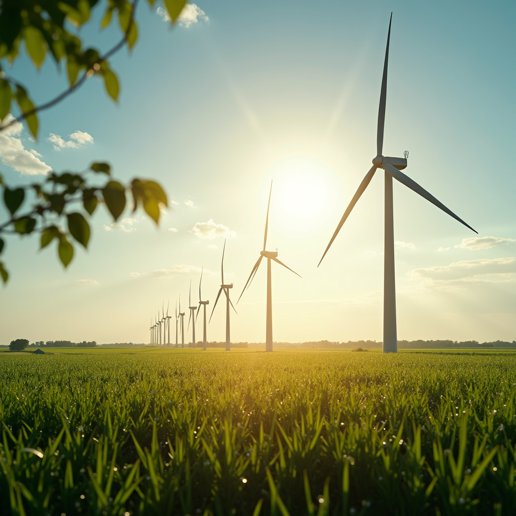 A row of wind turbines standing tall in a lush green field under a bright sun.