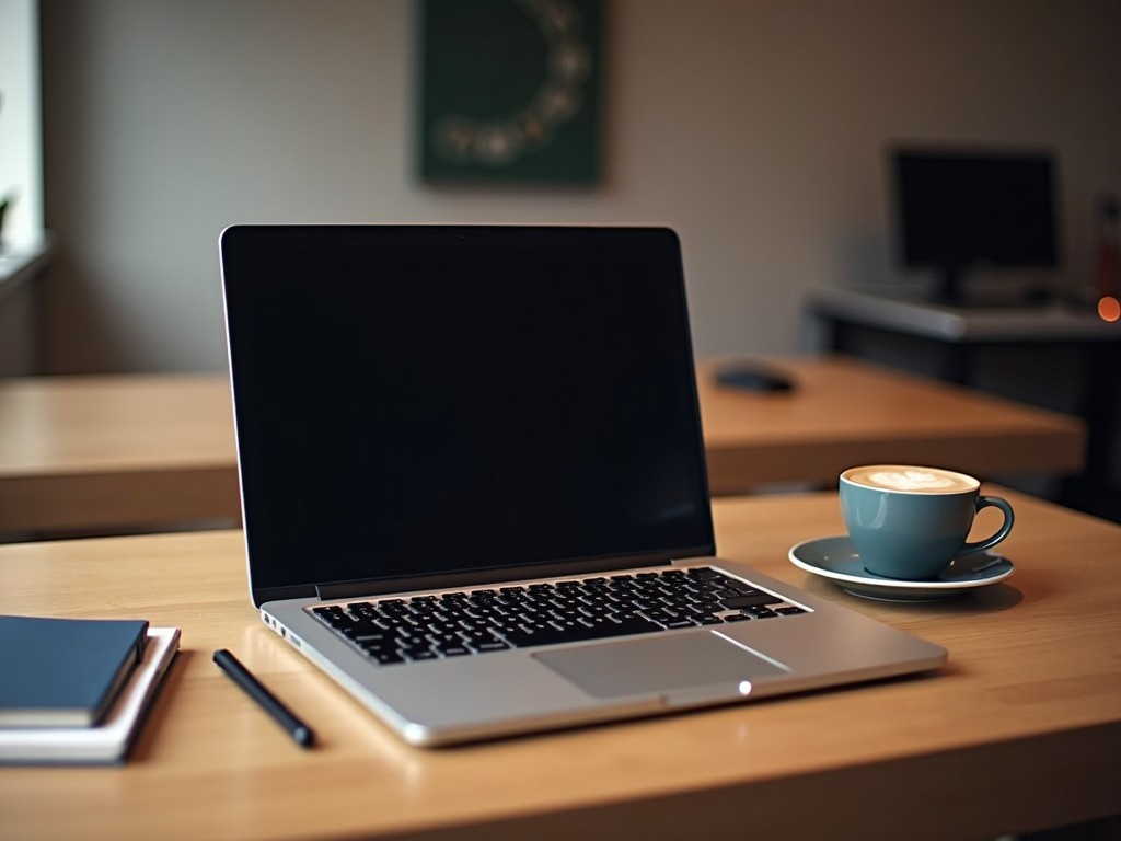 This image features a sleek Macbook resting on a wooden table in a modern workspace. Beside the laptop sits a small cup of coffee on a matching saucer, adding a cozy touch to the scene. A notepad and pen lay nearby, emphasizing an organized workspace conducive to productivity. The background is slightly blurred, focusing attention on the laptop and coffee. Natural light gently floods the room, creating a warm and inviting atmosphere.