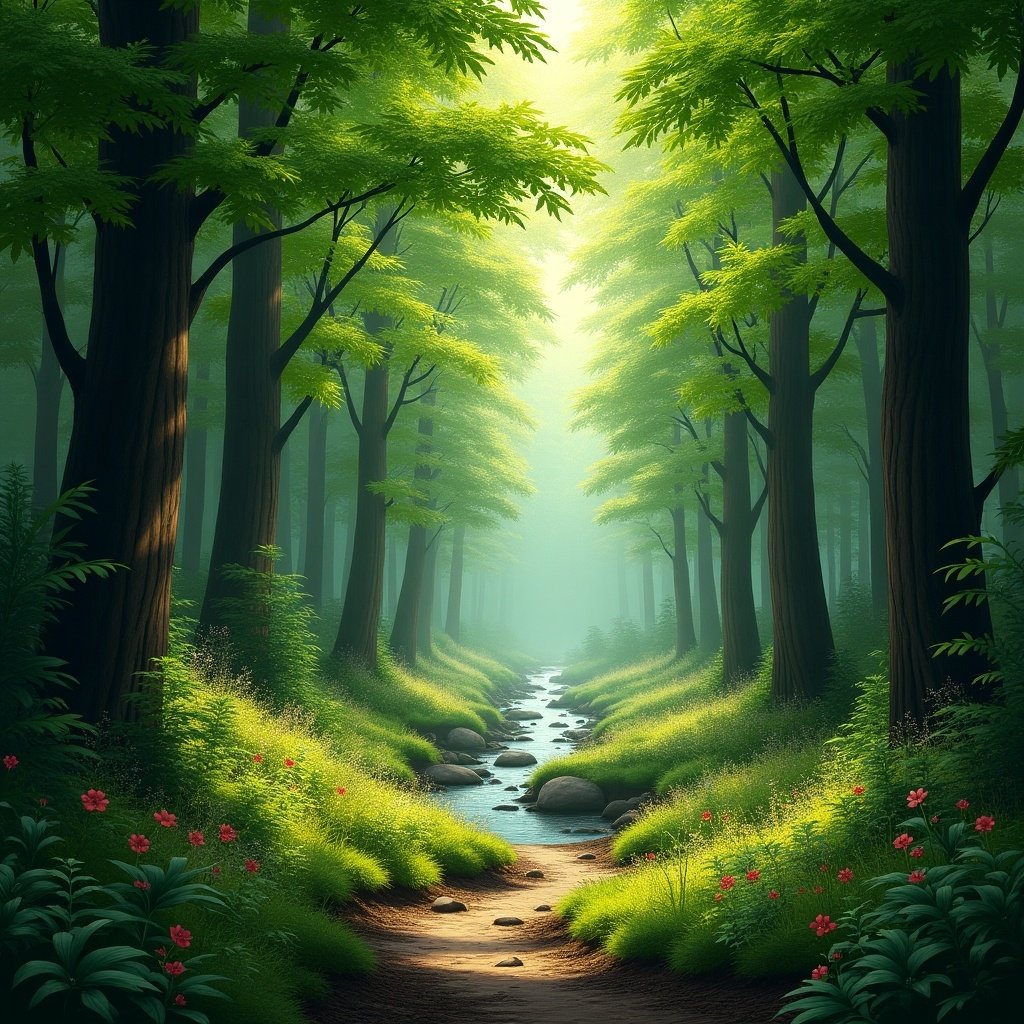 A forest with tall trees and green leaves. Sunlight filters through, creating a dappled effect on moss and wildflowers. A winding path invites exploration. In the distance, a stream flows over stones. The air is fresh and fragrant, creating an enchanting atmosphere.