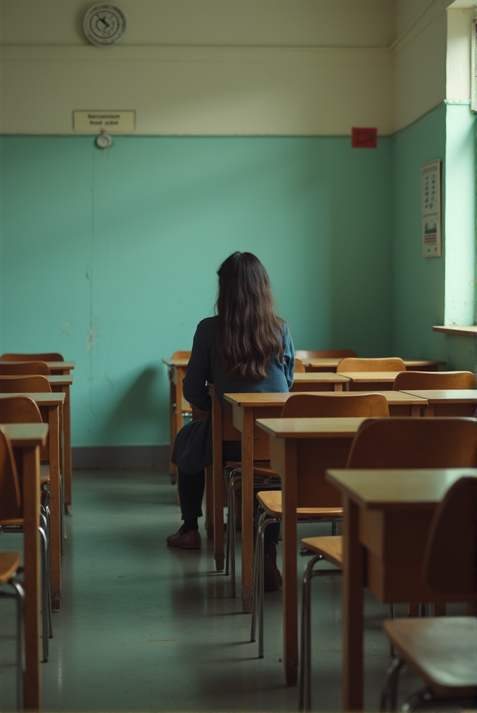 A person sits alone in a quiet, empty classroom facing a clock on a green wall.