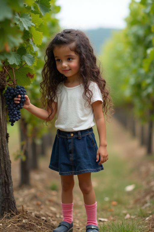 A girl stands in a vineyard holding a bunch of grapes. She has long dark brown curly hair. She wears a white top, dark blue skirt, pink ankle socks, and girlish shoes. The scene shows her checking grapes beside the vine. A picturesque vineyard in the background.