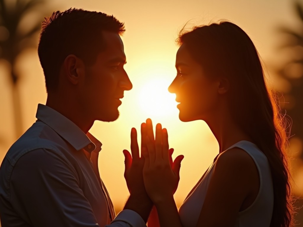 A romantic scene shows two people facing each other. They place their hands together, creating a sense of connection. The background features a beautifully bright sunset, illuminating the scene in a warm glow. The silhouettes are distinct against the vibrant colors of the sunset. This image evokes feelings of love and intimacy between the two individuals.